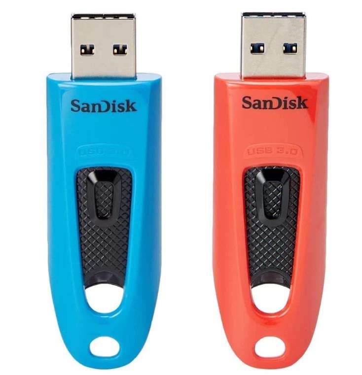 SANDISK Ultra 64GB, USB 3.0 Flash Drive 130MB/s read- Twin Pack (Blue and Red)