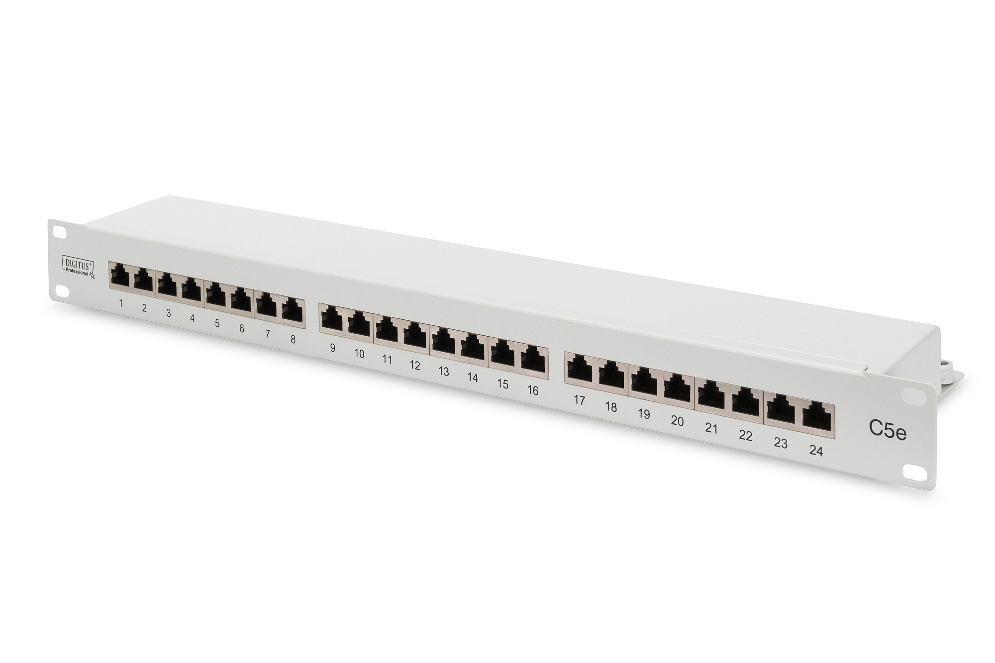 Digitus - Patch Panel - DN-91524S - Category: CAT 5e; Ports: 24 x RJ45; Retention strength: 7.7 kg; Insertion force: 30N max - 48.2 x 4.4 x 10.9 cm - White