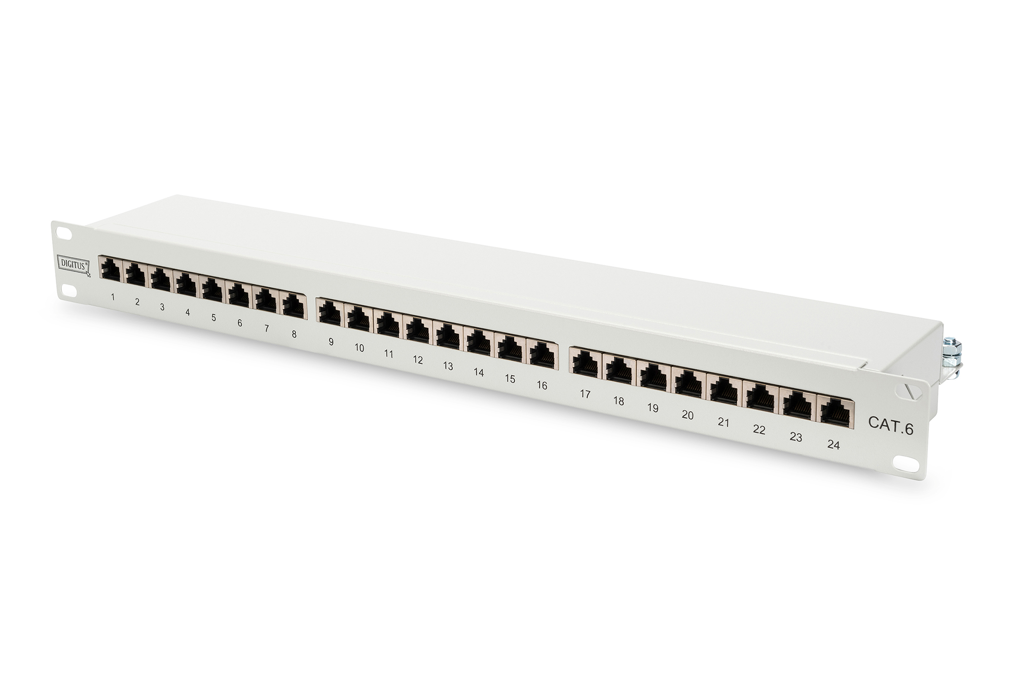 Digitus - Patch Panel - DN-91624S - Category: CAT 6; Ports: 24 x RJ45; Retention strength: 7.7 kg; Insertion force: 30N max - 48.2 x 4.4 x 10.9 cm - White