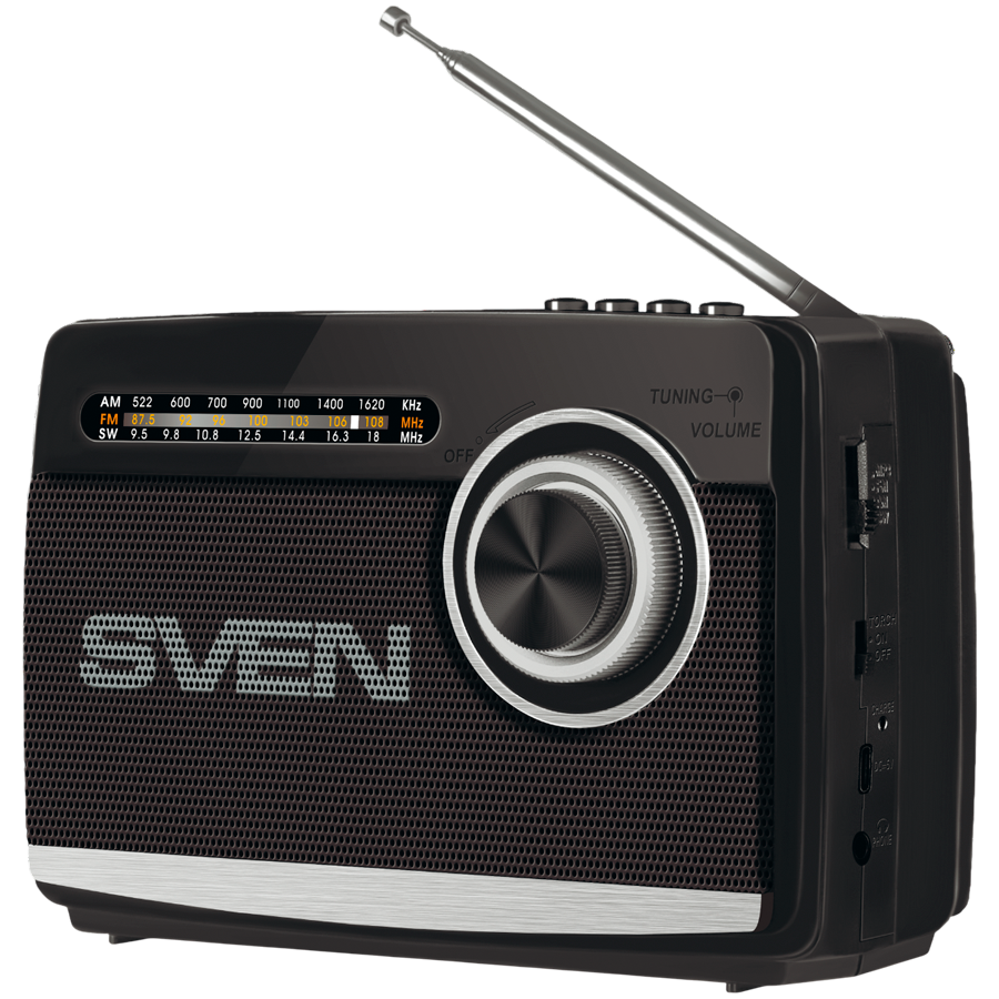 Speaker SVEN SRP-155, black (3W, Bluetooth, FM/AM/SW, USB, microSD, flashlight, battery)