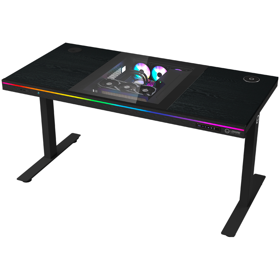 Dual-motor sit/stand adjustable-height gaming desk with built-in PC case, wireless charger, RGB lighting, control panel, and USB ports, PB melamine surface tabletop, black.