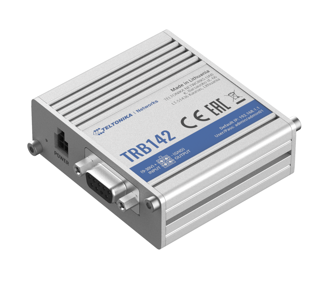 Teltonika TRB142003000 Gateway, 2G/3G/4G LTE (Cat 1), Equipped with RS232 for serial communication - LTE Gateway - TRB142 - No Wi-Fi - Ethernet LAN (RJ-45) ports 0 - Mesh Support No - MU-MiMO No - 2G/3G/4G - Antenna type 1 x SMA for LTE - 1 x Virtual netw