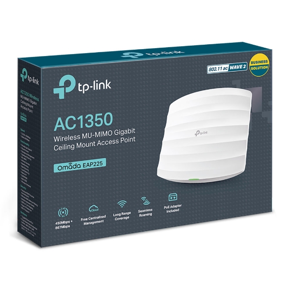 TP-LINK - Access Point - EAP225 - 802.11ac - 2.4GHz/5GHz - 450+867 Mbit/s - 10/100/1000 Mbit/s - Ethernet LAN (RJ-45) ports 1 - MU-MiMO Yes - PoE in - Antenna type 5xInternal