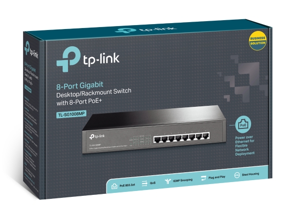 TP-LINK - Switch - TL-SG1008MP - Unmanaged - Desktop/Rackmountable - Gigabit Ethernet (copper) ports quantity 8 - PoE+ ports quantity 8 - Power supply type Single - 36 month(s)