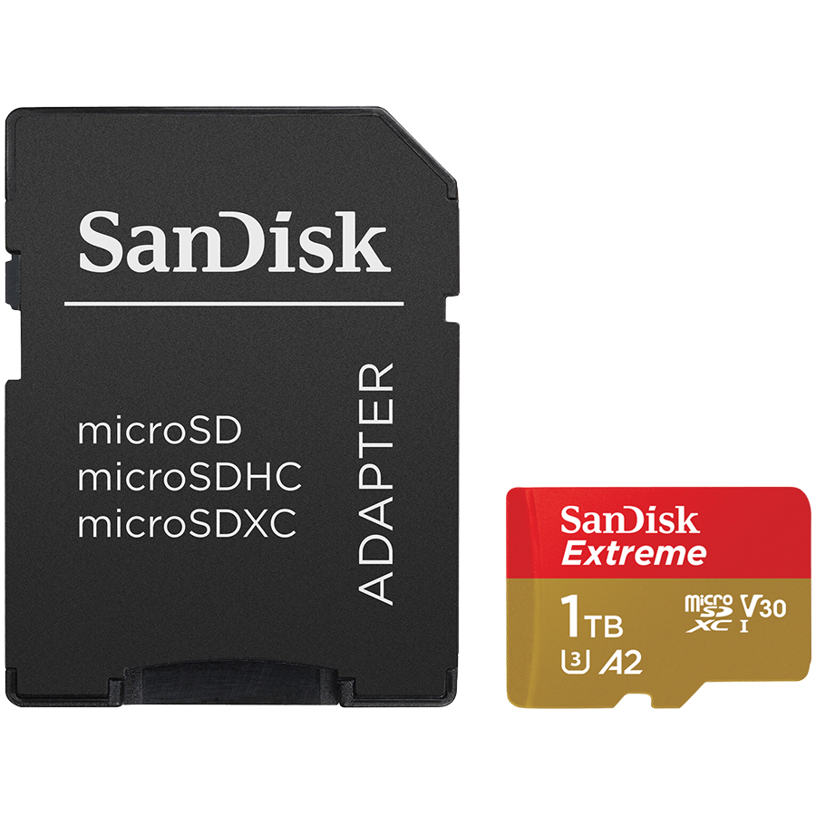 SANDISK Extreme microSDXC 1TB + SD Adapter + 1 year RescuePRO Deluxe up to 190MB/s & 130MB/s Read/Write speeds A2 C10 V30 UHS-I U3