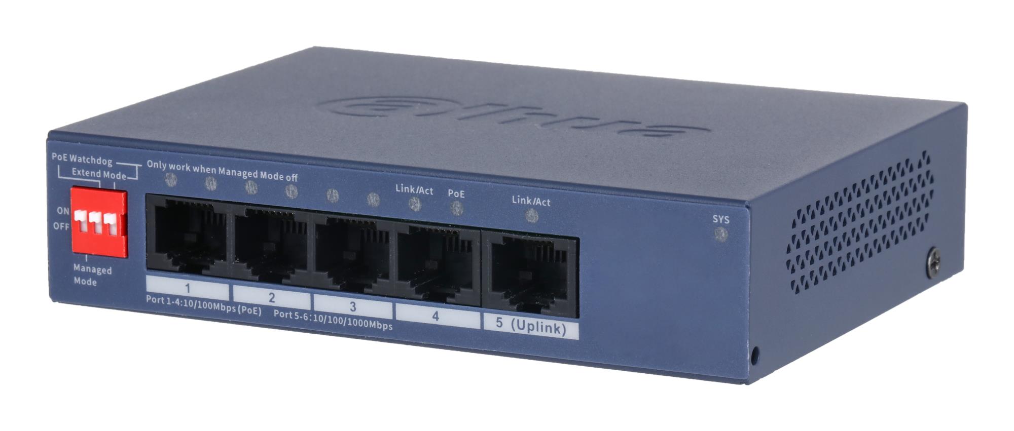 Switch|DAHUA|DH-CS4005-4ET1GT-36|Switch layer L2|4xRJ-45 ports|RJ-45 Ports Type Fast Ethernet (10/100)|1xGigabit Ethernet (copper) ports quantity|4xPower over Ethernet (PoE) ports quantity|Total Power over Ethernet (PoE) budget 36 W|CS4005-4ET1GT-36