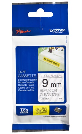 Brother - TZe-S121 Strong Adhesive Laminated Tape - Black on Clear - TZe - 8 m - 9 cm