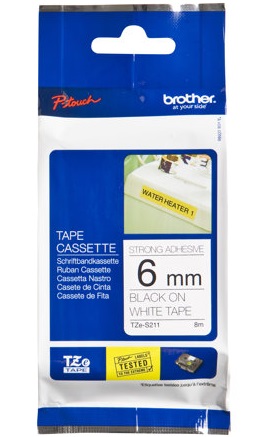 Brother - TZe-S211 Strong Adhesive Laminated Tape - Black on White - TZe - 8 m - 6 cm