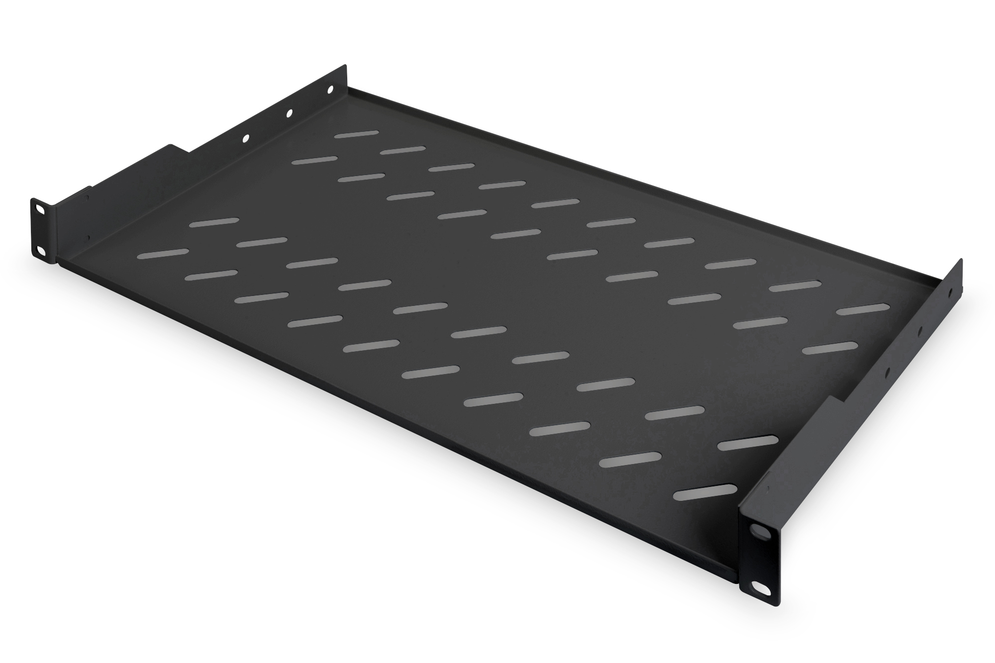 Digitus - Fixed Shelf for Racks - DN-19 TRAY-1-SW - The shelves for fixed mounting can be installed easy on the two front 483 mm (19“) profile rails of your 483 mm (19“) network- or server cabinet. Due to their stable, perforated steel sheet with a high l