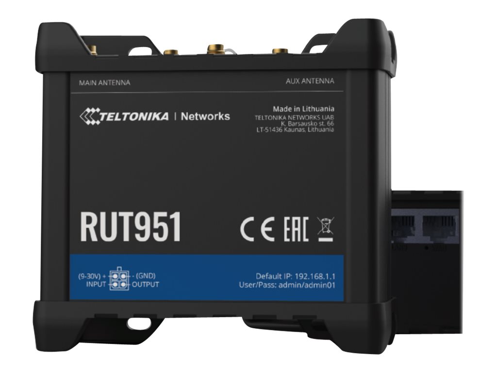 Industrial Cellular router - RUT951 - 802.11n - 10/100 Mbit/s - Ethernet LAN (RJ-45) ports 4 - Mesh Support No - MU-MiMO No - 2G/3G/4G - Antenna type 	2 x SMA for LTE, 2 x RP-SMA - 0