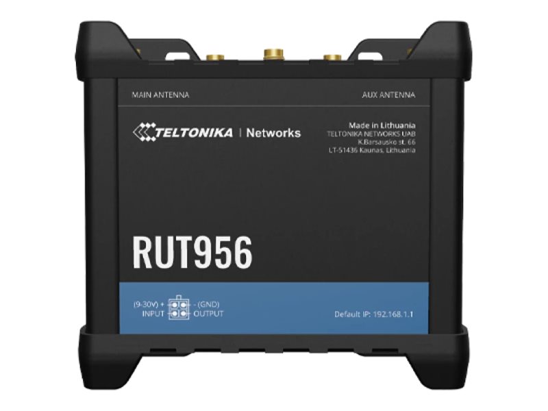 Industrial Router - RUT956 - 802.11n - 10/100 Mbit/s - Ethernet LAN (RJ-45) ports 4 - Mesh Support No - MU-MiMO No - 2G/3G/4G - Antenna type 	2 x SMA for LTE, 2 x RP-SMA for WiFi, 1 x SMA for GNSS - 1x USB 2.0