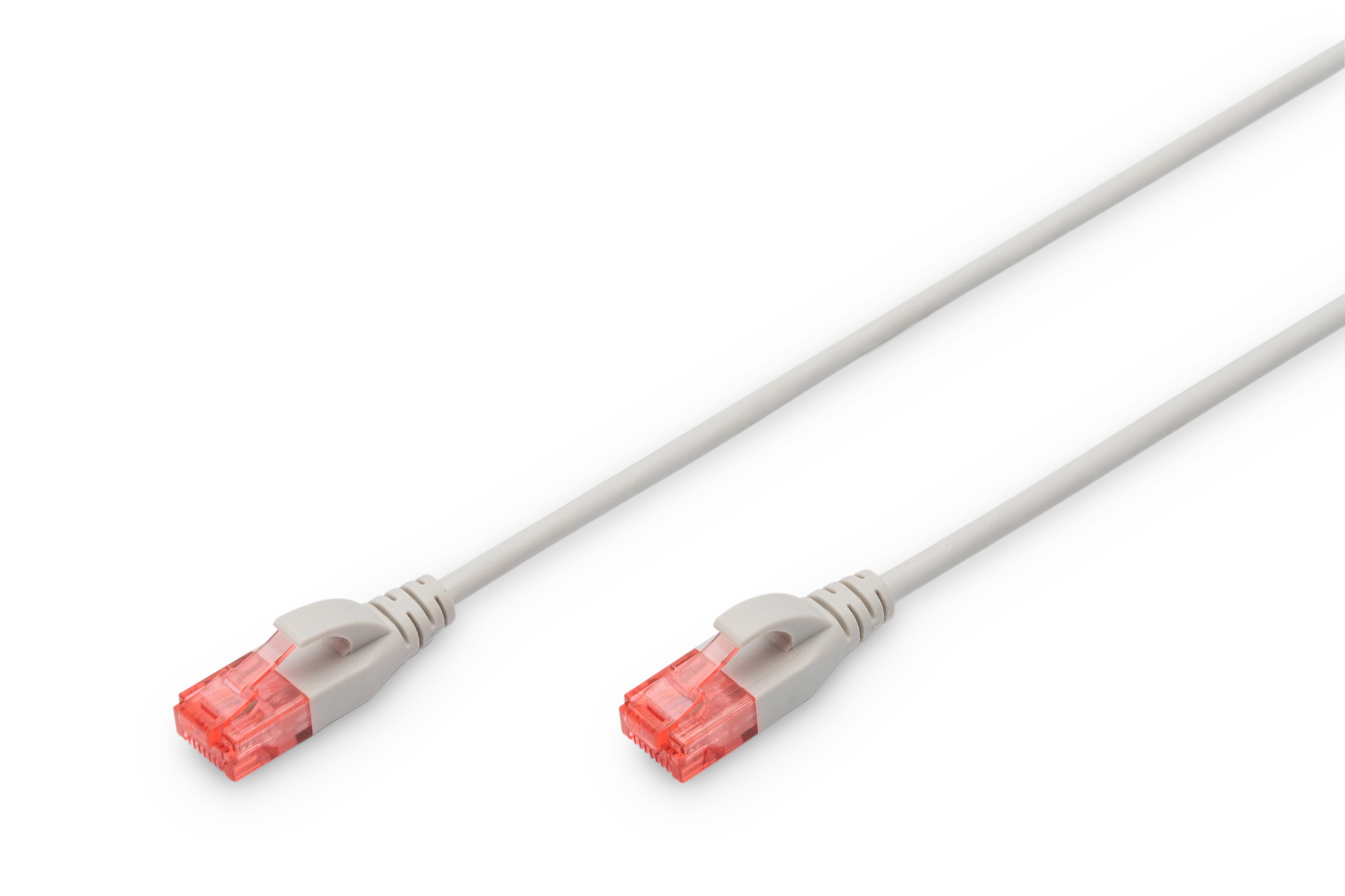 CAT 6 U-UTP  Slim patch cord - Patch cord - Transparent red coloured connector for easy identification of Category 6 (250 MHz). Inner conductors: Copper (Cu) - Grey - 2 m - Modular RJ45 (8/8) plug
