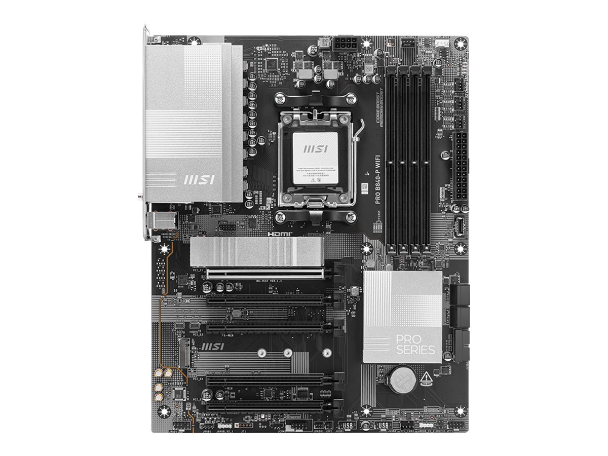 MSI PRO B840-P WIFI - Processor family AMD - Processor socket AM5 - DDR5 - Supported hard disk drive interfaces SATA, M.2 - Number of SATA connectors 4