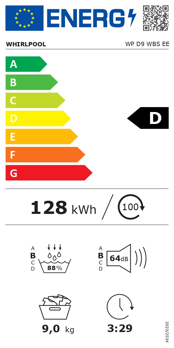 Whirlpool Dryer Machine - WP D9 WBS EE - Energy efficiency class D - Front loading - 9 kg - Heat pump - Digital - Depth 61 cm - White