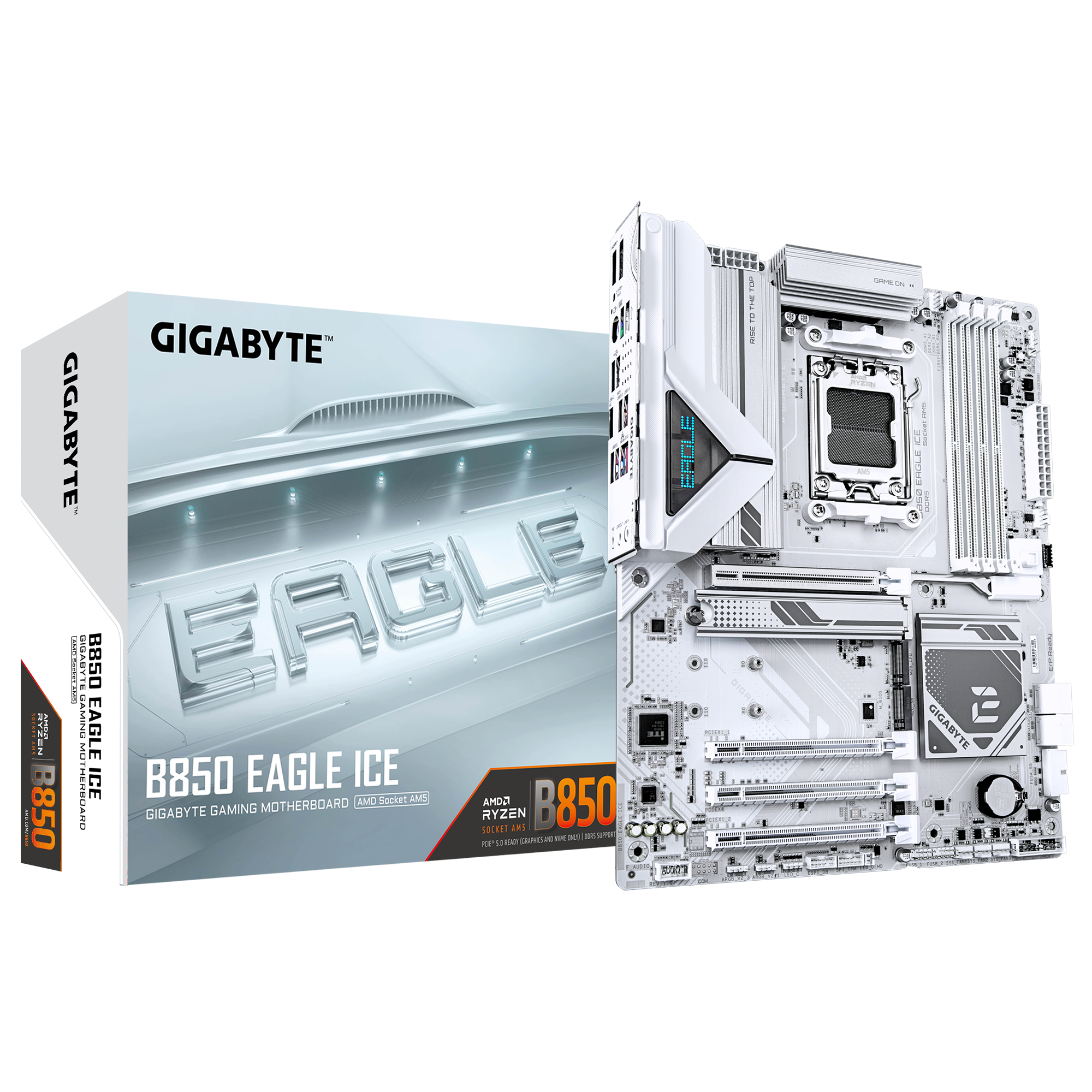 Gigabyte B850 EAGLE ICE - Processor family AMD - Processor socket AM5 - DDR5 - Supported hard disk drive interfaces SATA, M.2 - Number of SATA connectors 4