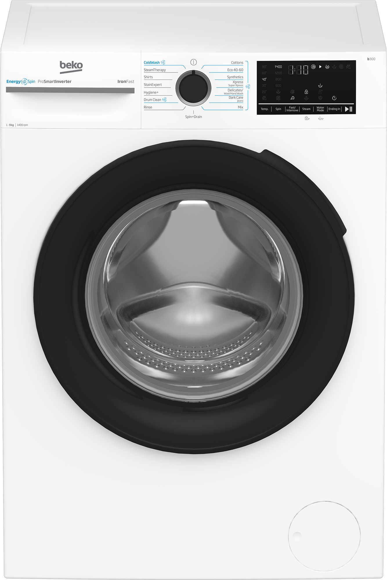 BEKO Washing Machine - BM3WFSU49415WB - Energy efficiency class A - Front loading - Washing capacity 9 kg - 1400 RPM - Depth 55 cm - Width 60 cm - Display - Digital - Steam function - White