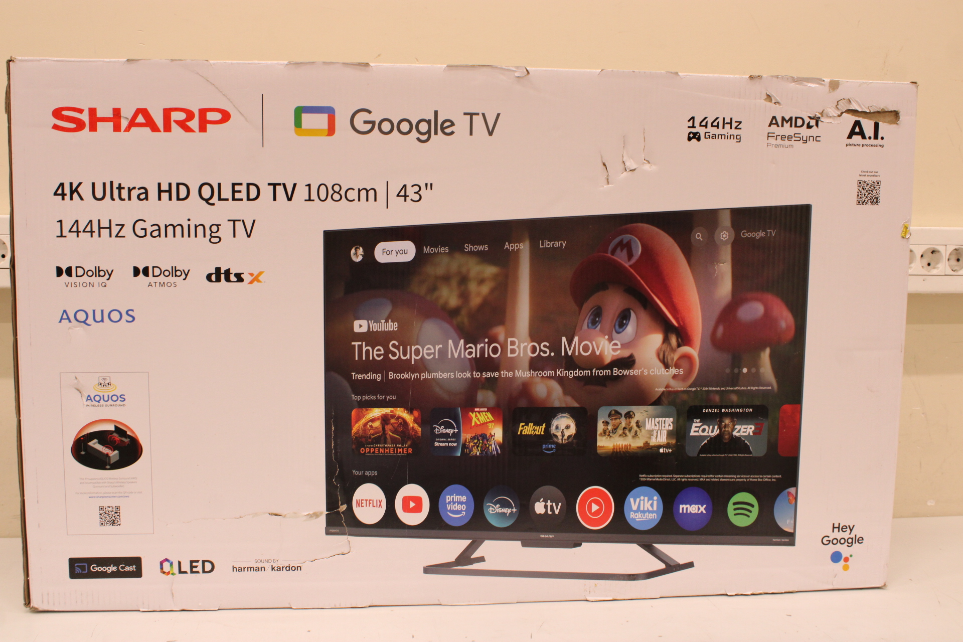 SALE OUT. Sharp 43HR7265E 43" (108cm) QLED 144Hz 4K Ultra HD Google TV, Dolby Vision IQ, Dolby Atmos, Central Stand - SALE OUT. Sharp 43HR7265E - 43 - Smart TV - Google TV - Black - DAMAGED PACKAGING