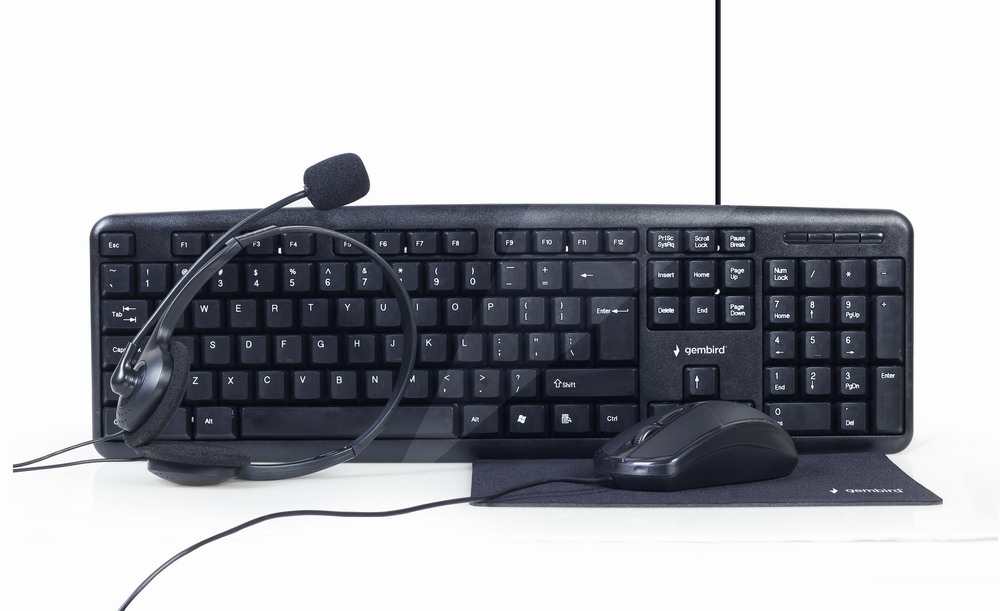 Gembird - 4-in-1 Multimedia office set - KBS-UO4-01 - Keyboard, Mouse, Pad and Headset Set - Wired - Mouse included - US - Black