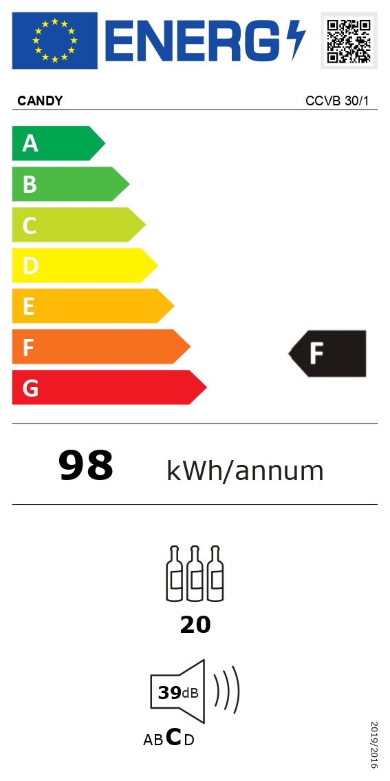 Candy - Wine Cooler - CCVB 30/1 - Energy efficiency class F - Built-in - Bottles capacity 20 - Black