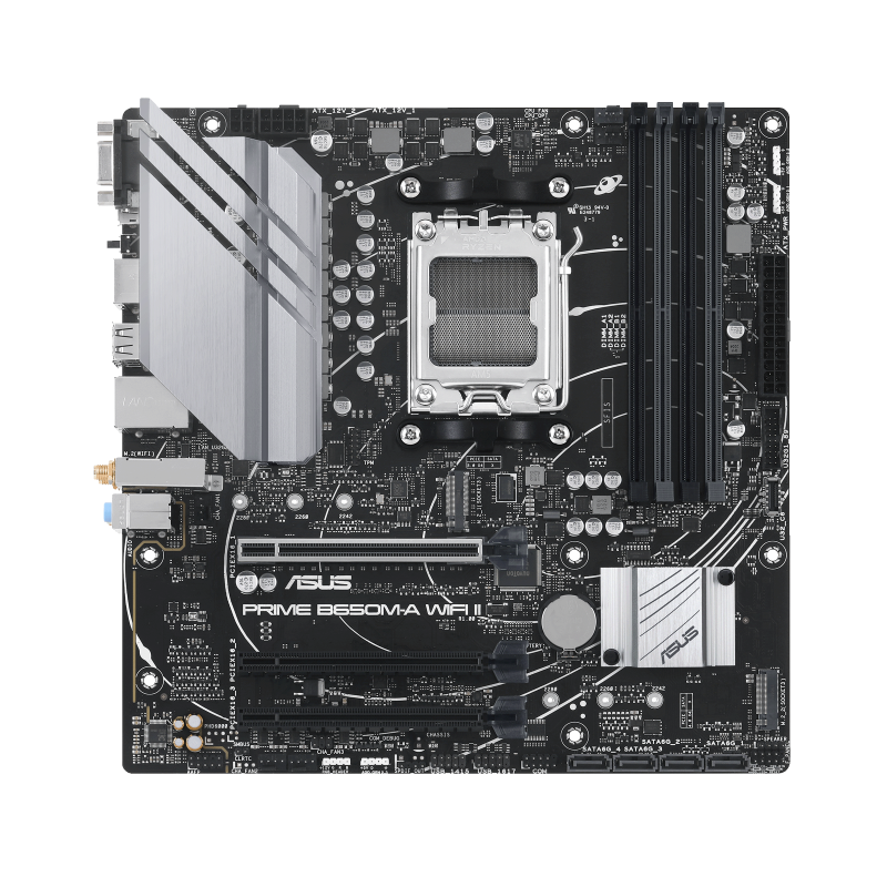 Asus - PRIME B650M-A WIFI II - Processor family AMD - Processor socket AM5 - DDR5 DIMM - Memory slots 4 - Supported hard disk drive interfaces 	SATA, M.2 - Number of SATA connectors 4 - Chipset  AMD B650 - mATX
