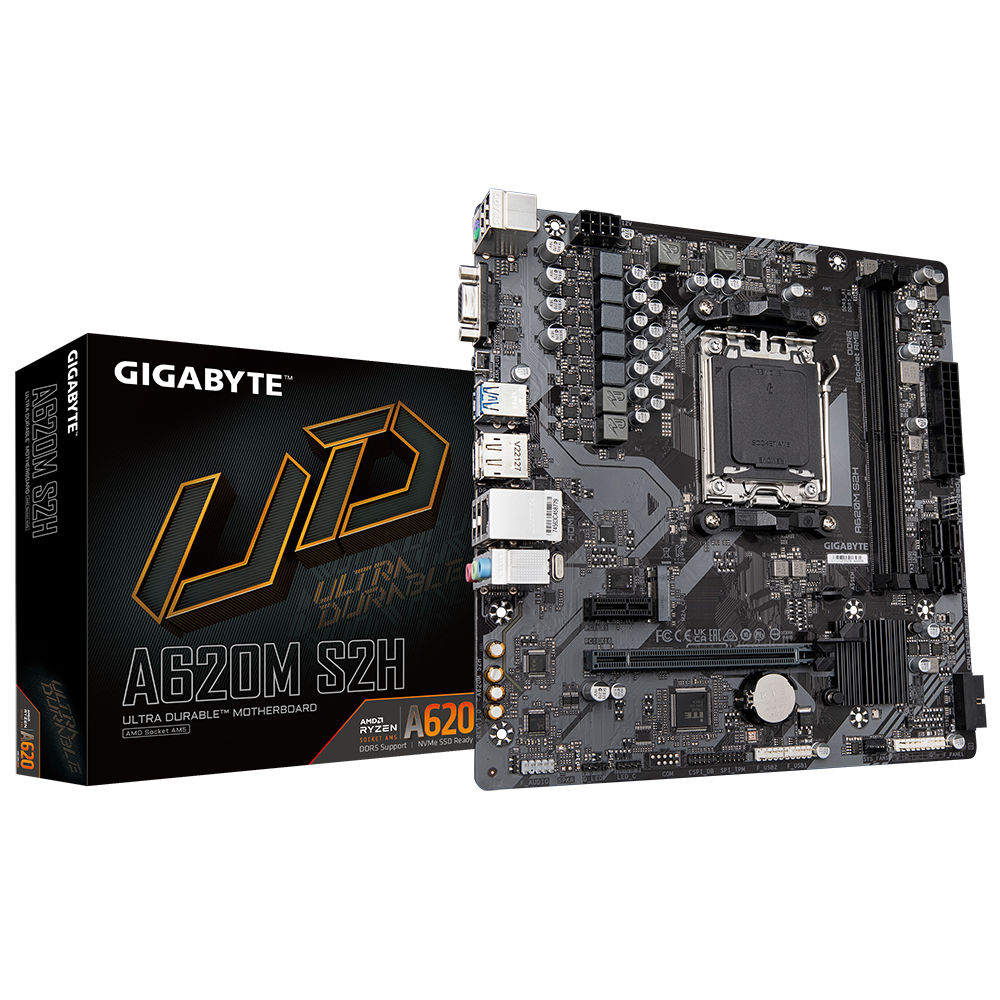 Gigabyte - A620M S2H 1.0 M/B - Processor family AMD - Processor socket AM5 - DDR5 DIMM - Memory slots 2 - Supported hard disk drive interfaces 	SATA, M.2 - Number of SATA connectors 4 - Chipset AMD A620 - Micro ATX