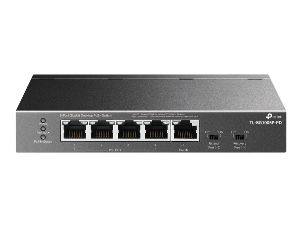 TP-LINK - 5-Port Gigabit Desktop Switch with 4-Port PoE - TL-SG1005P-PD - Unmanaged - Desktop/Wall mountable