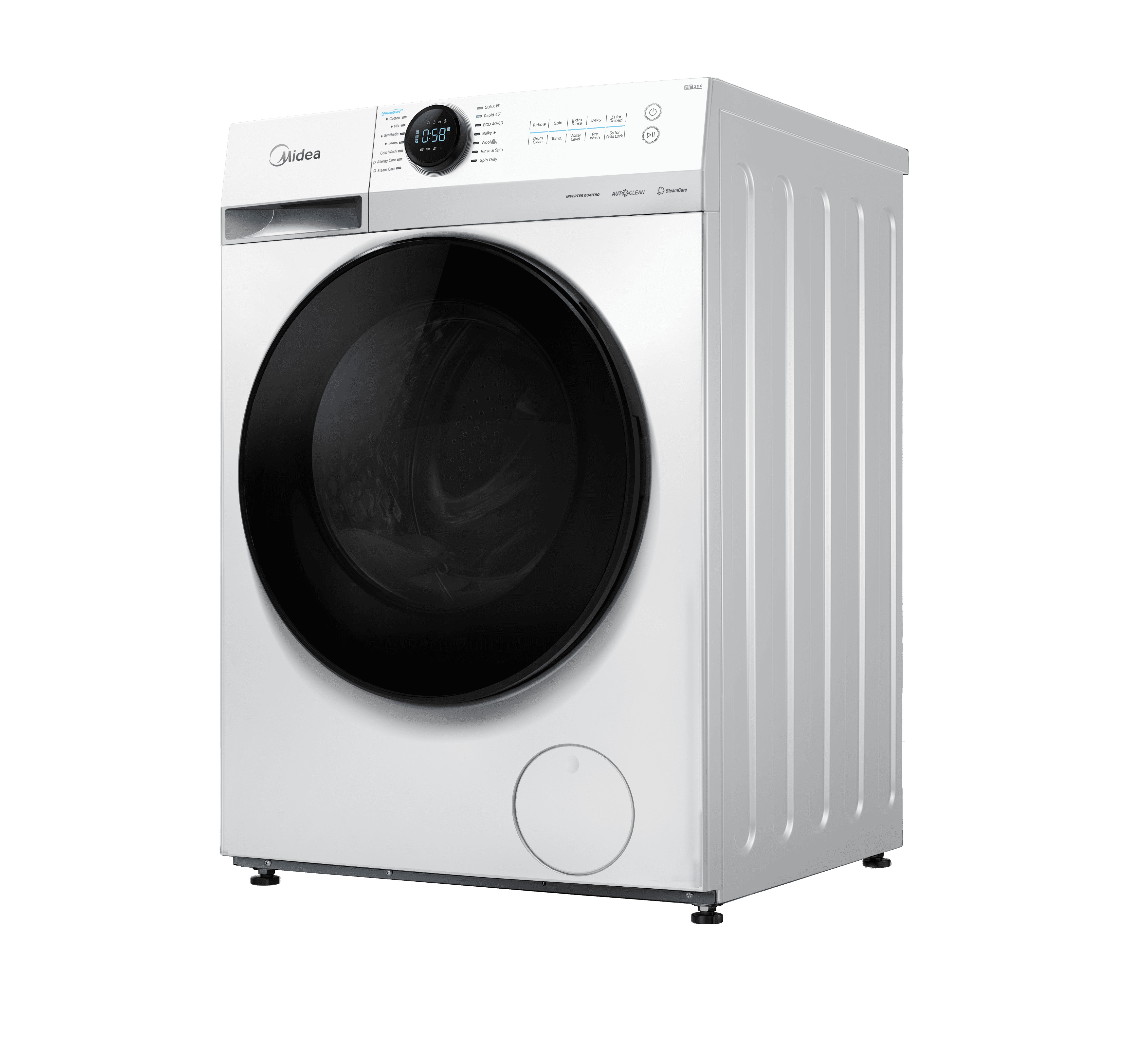 Midea Washing Machine - MF200W80WB/W-HR - Energy efficiency class A - Front loading - Washing capacity 8 kg - 1400 RPM - Depth 48 cm - Width 60 cm - Display - LCD - Steam function - White