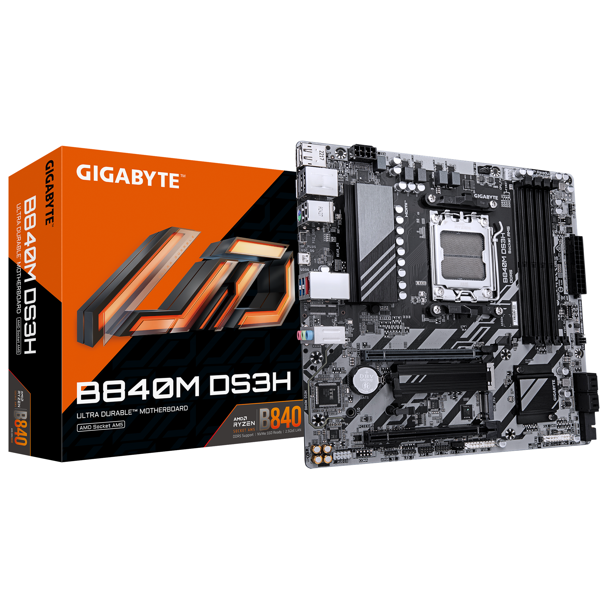 Gigabyte B840M DS3H - Processor family AMD - Processor socket AM5 - DDR5 - Supported hard disk drive interfaces SATA, M.2 - Number of SATA connectors 4