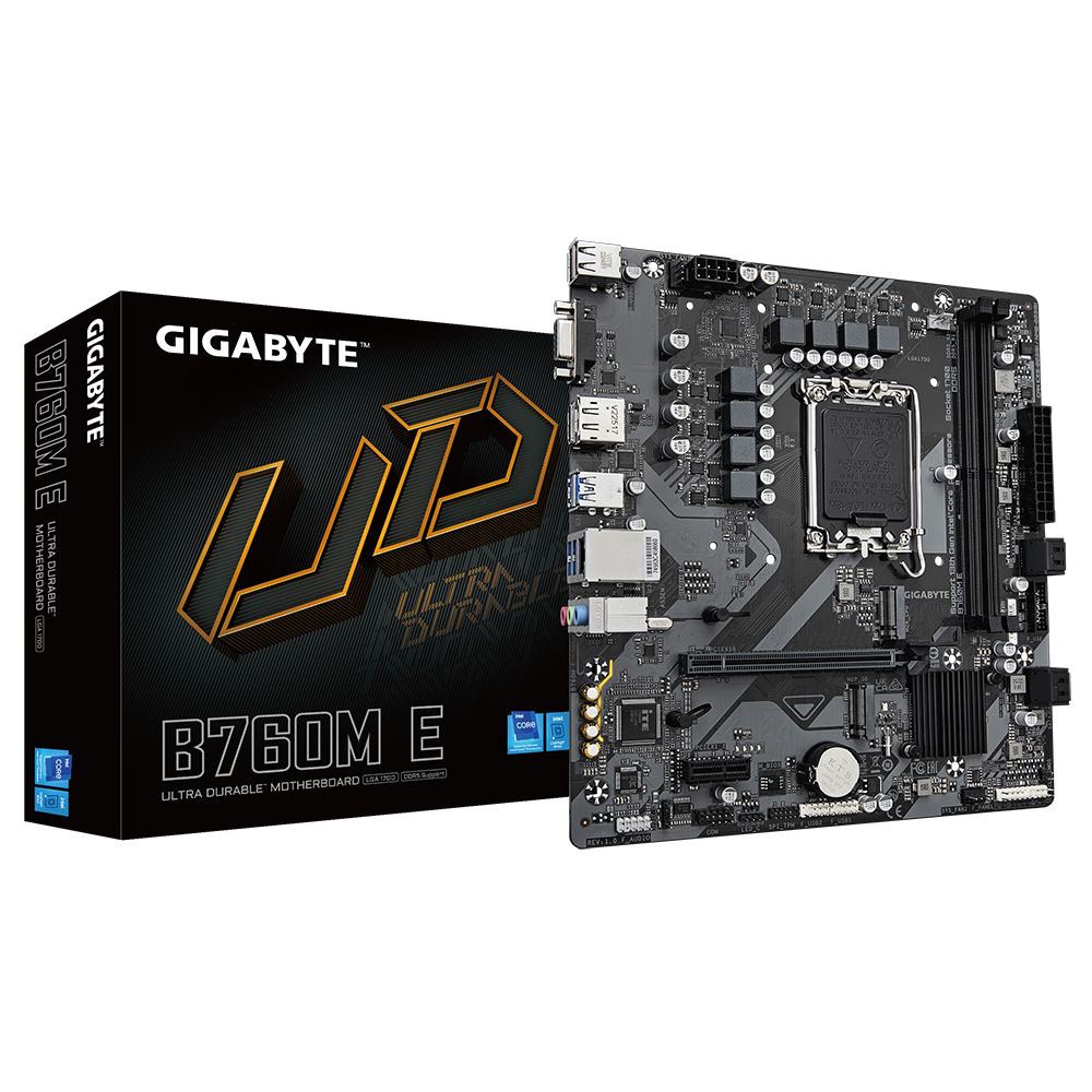 Gigabyte B760M E - Processor family Intel - Processor socket LGA1700 - DDR5 - Supported hard disk drive interfaces M.2, SATA - Number of SATA connectors 4