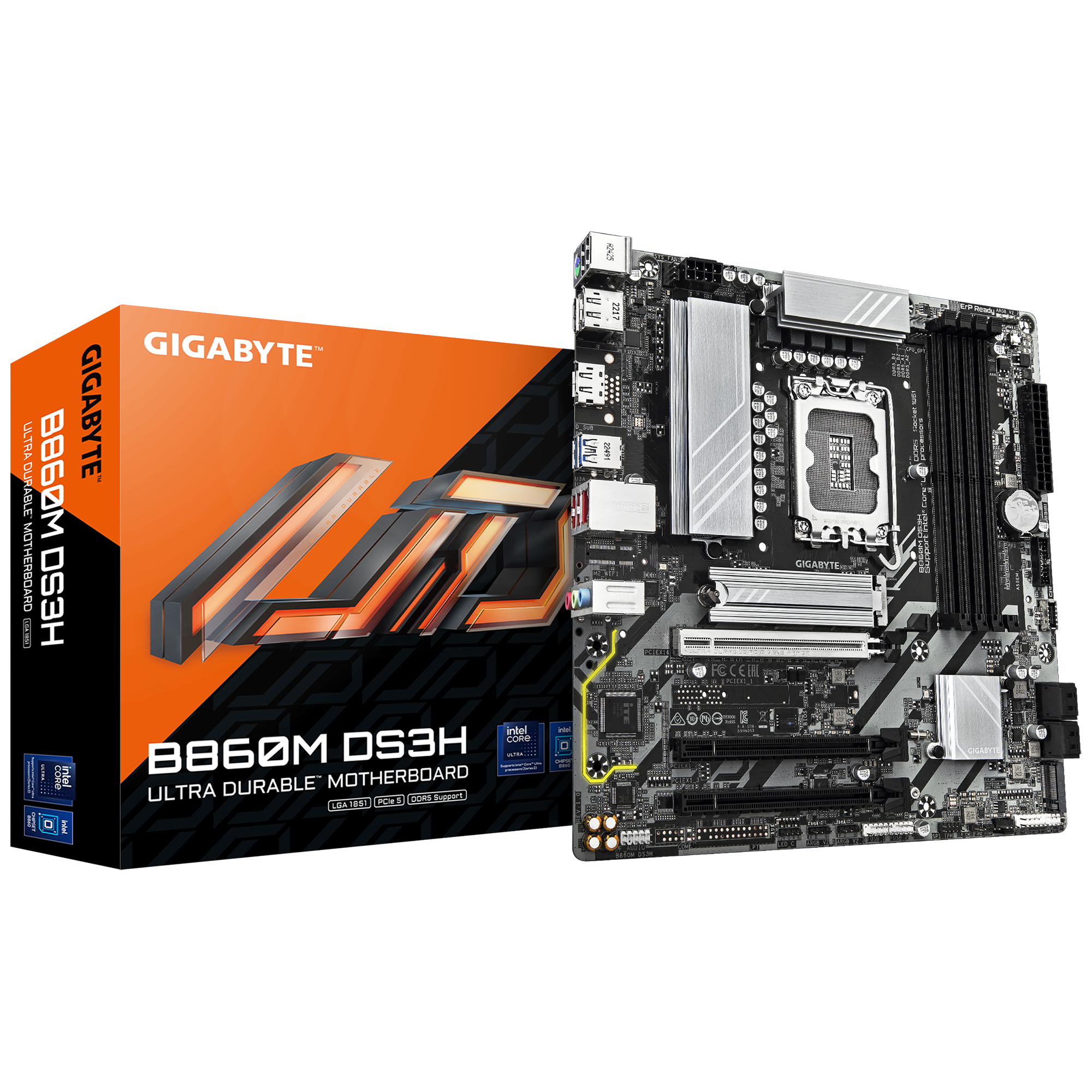 Gigabyte B860M DS3H - Processor family Intel - Processor socket LGA1851 - DDR5 - Supported hard disk drive interfaces M.2, SATA - Number of SATA connectors 4