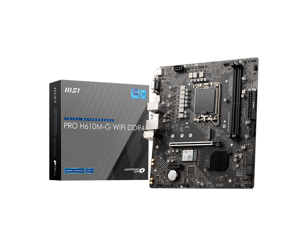 MSI PRO H610M-G WIFI DDR4 - Processor family Intel - Processor socket LGA1700 - DDR4 - Supported hard disk drive interfaces SATA, M.2 - Number of SATA connectors 4