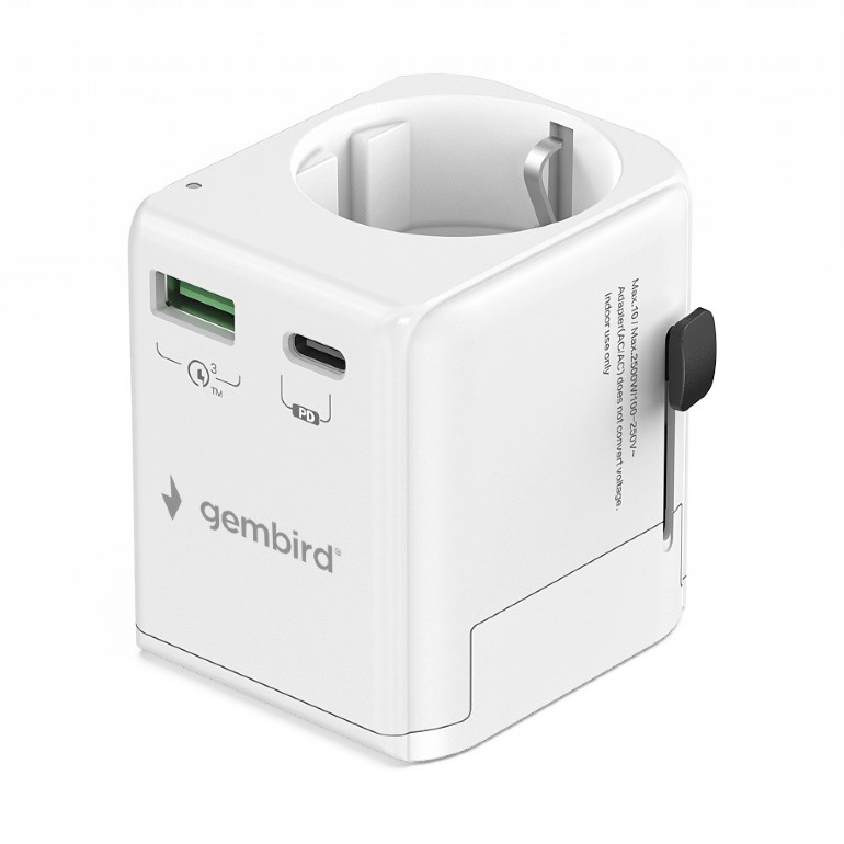 Gembird Grounded universal travel power adapter, 20 W - TPA-EU1A1C20-01-W