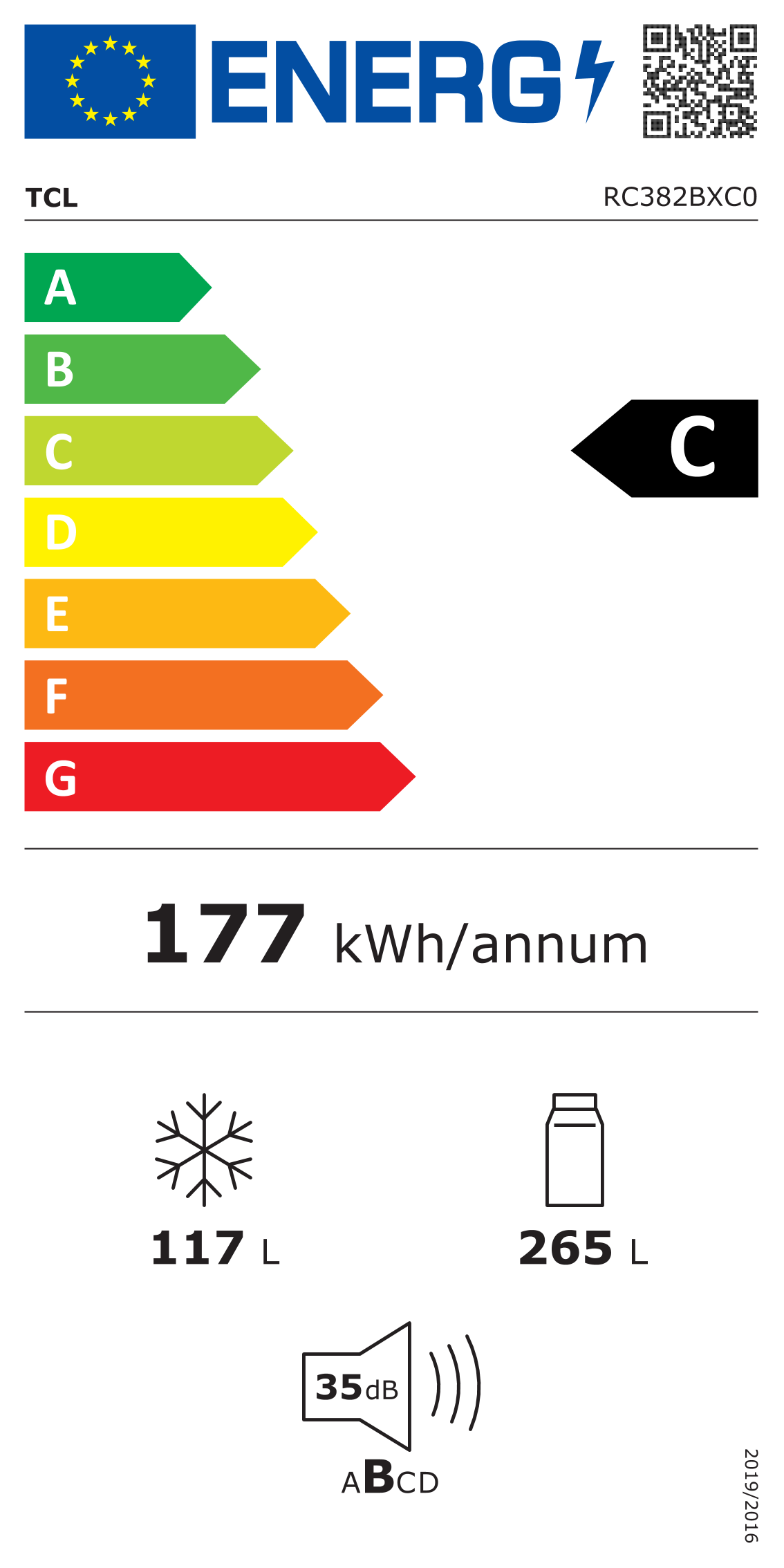 TCL Refrigerator - RC382BXC0EU - Energy efficiency class C - Free standing - Combi - Height 203 cm - No Frost system - Fridge net capacity 265 L - Freezer net capacity 117 L - Display - 35 dB - Inox