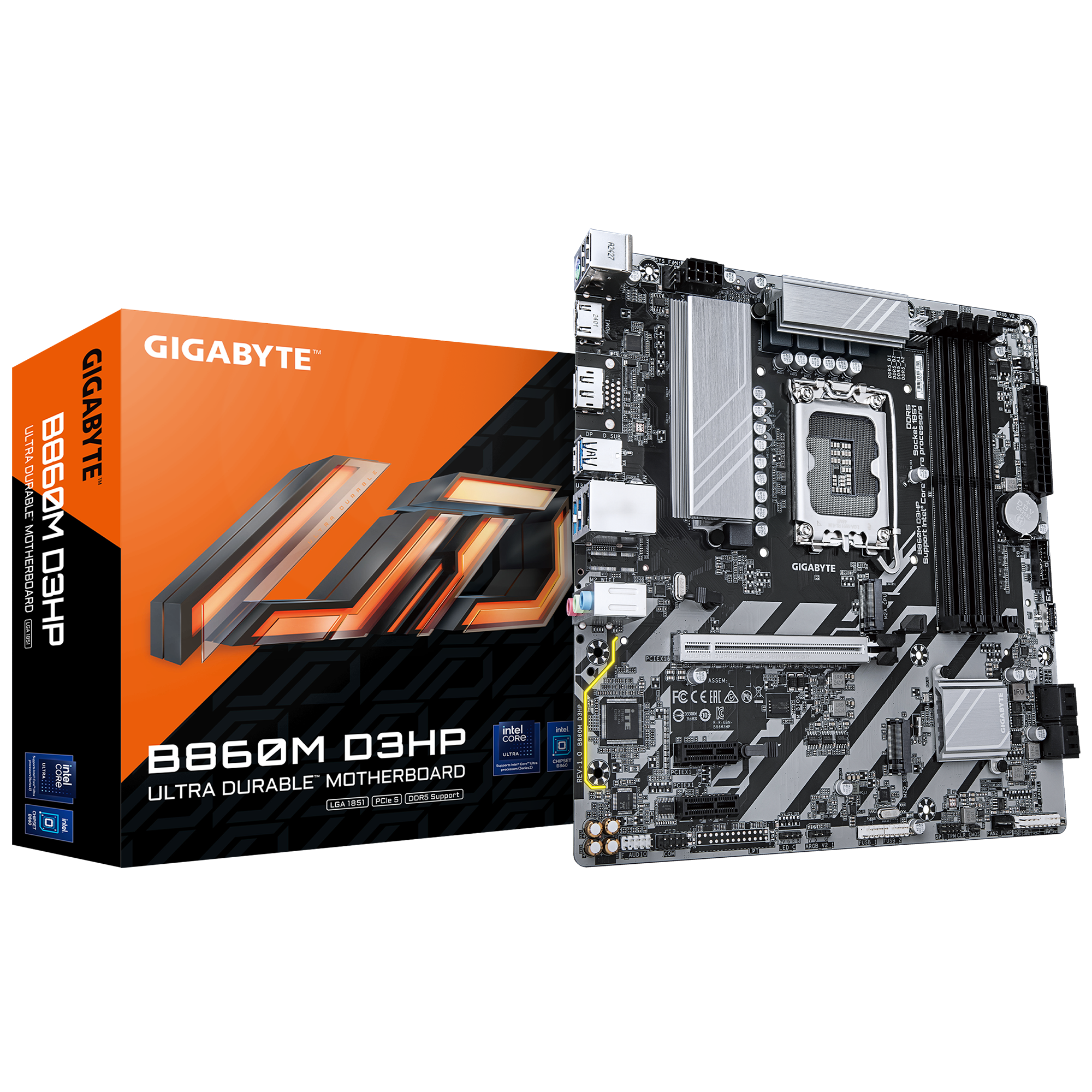 Gigabyte B860M D3HP - Processor family Intel - Processor socket LGA1851 - DDR5 - Supported hard disk drive interfaces M.2, SATA - Number of SATA connectors 4