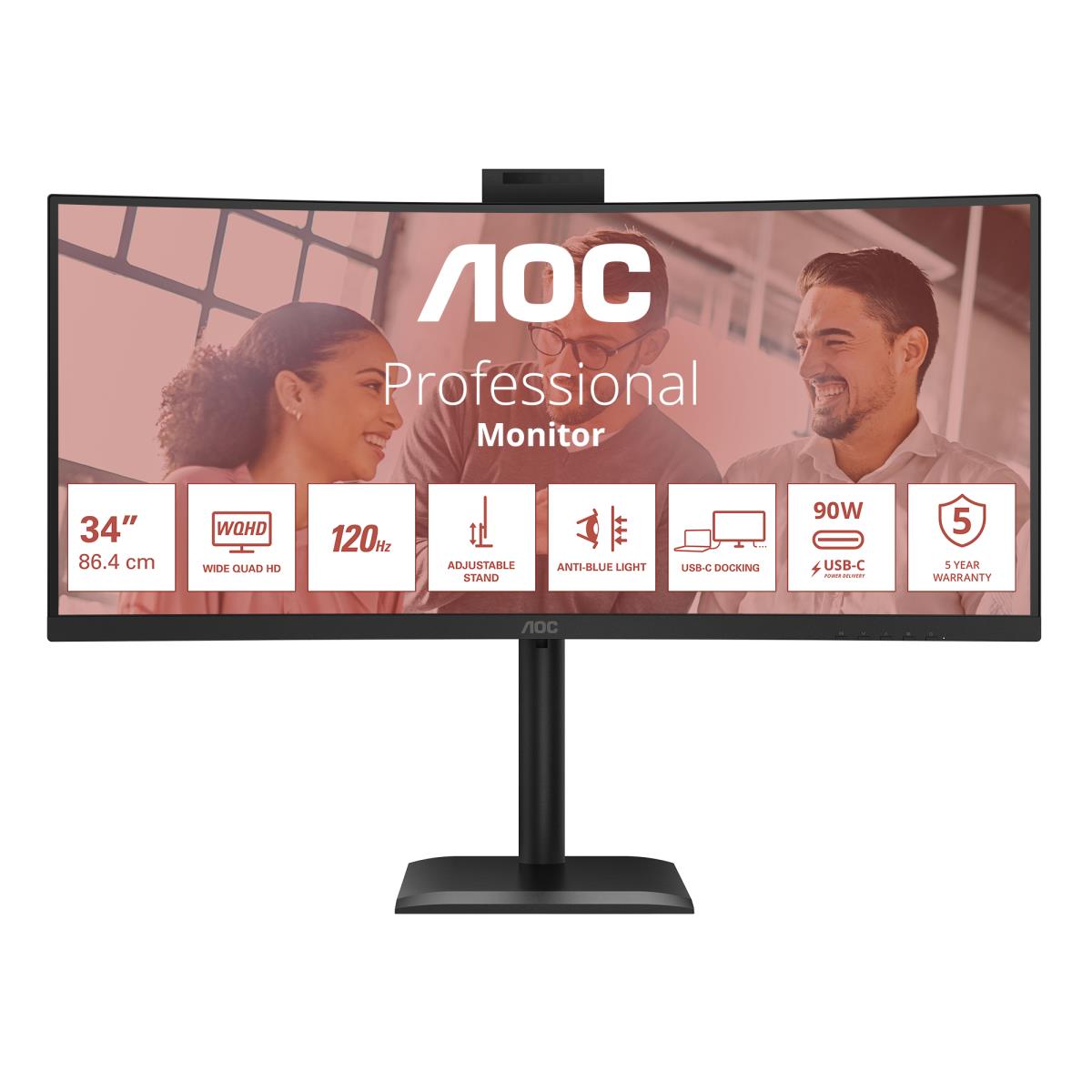 AOC - CU34E4CW - 34 " - VA - UWQHD - 120 Hz - 4 ms - 3440 x 1440 pixels - 350 cd/m² - HDMI ports quantity 2 - Black