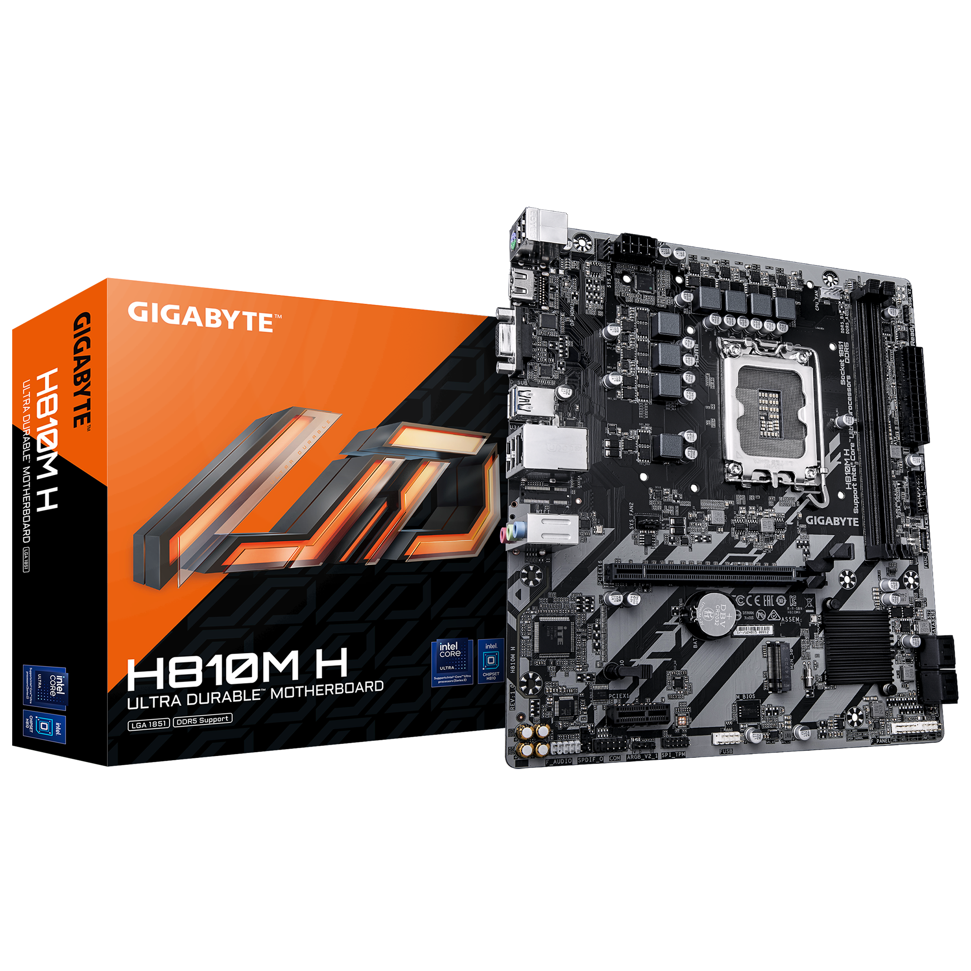 Gigabyte H810M H - Processor family Intel - Processor socket LGA1851 - DDR5 - Supported hard disk drive interfaces SATA, M.2 - Number of SATA connectors 4