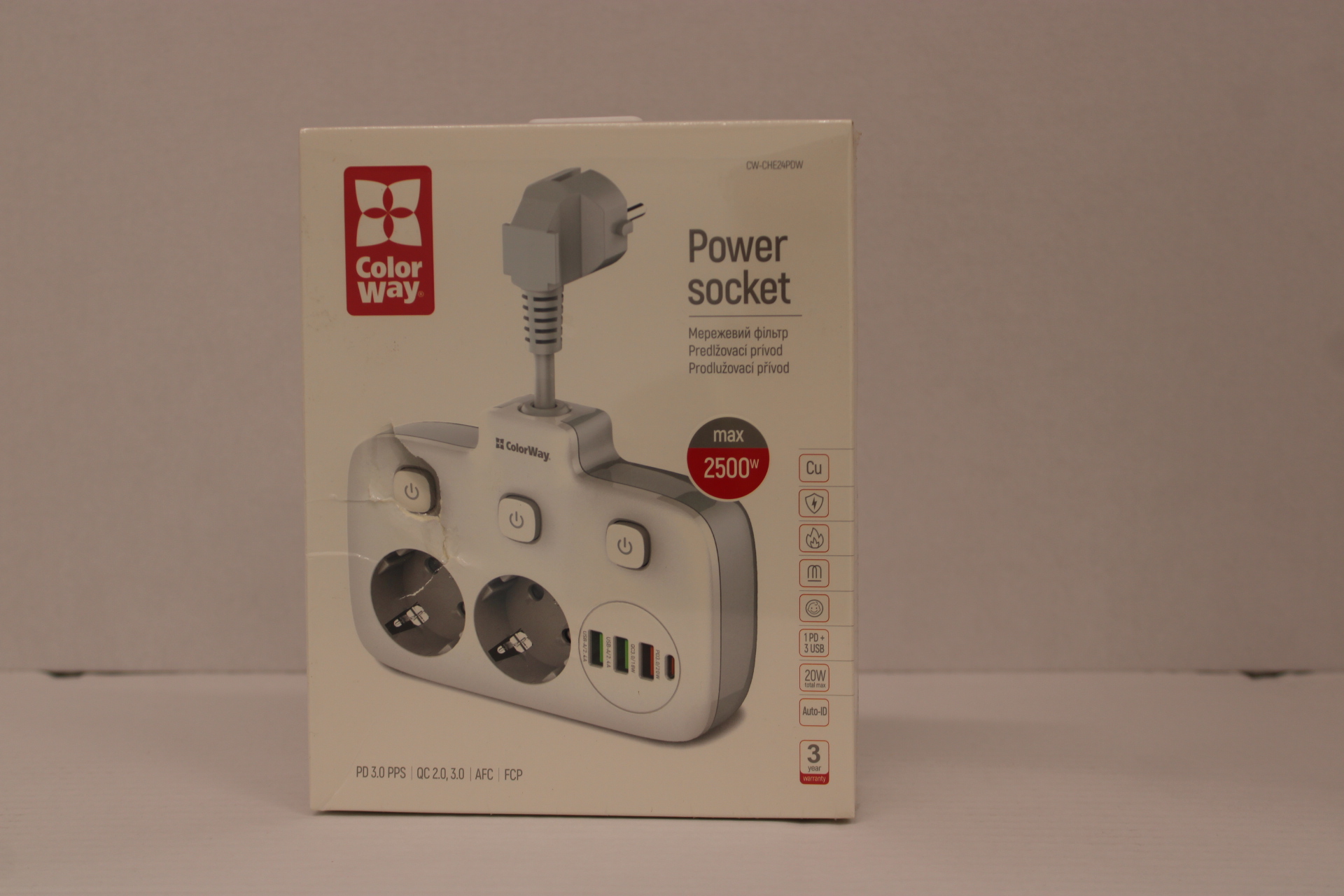 SALE OUT. ColorWay CW-CHE24PDW Power Socket: 2xEU plugs/3xUSB-A/1xUSB-C White 2.5M - ColorWay Power Socket - CW-CHE24PDW - DAMAGED PACKAGING