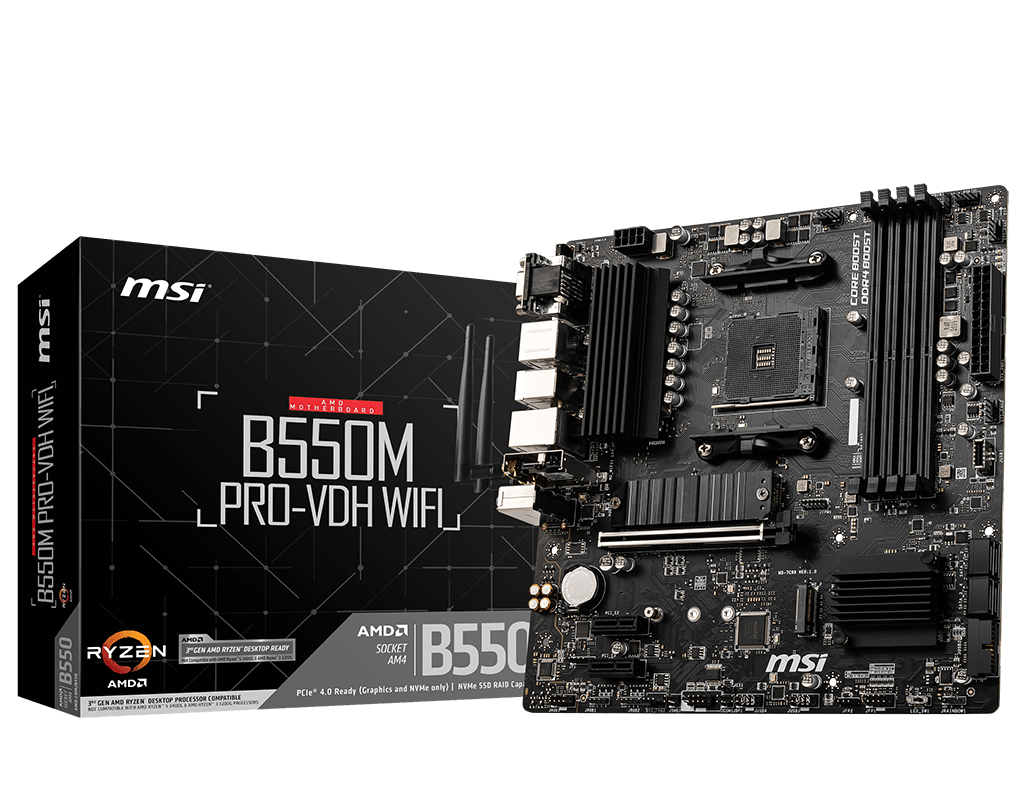 MSI - B550M PRO-VDH WIFI - Processor family AMD - Processor socket AM4 - DDR4 - Memory slots 4 - Chipset AMD B - Micro ATX