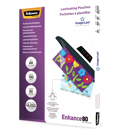 Fellowes - Laminating Pouch PREMIUM - A4 - Clear - Enhance 80 Micron thickness, 216x303 mm - A4, 100 pcs; Unique directional arrow quality mark disappears when laminated.