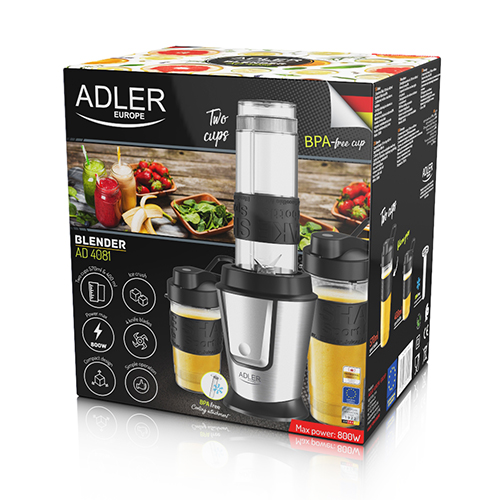 Adler - Blender - AD 4081 - Tabletop - 800 W - Jar material BPA Free Plastic - Jar capacity 0.4 + 0.57 L - Ice crushing - Black/Stainless steel