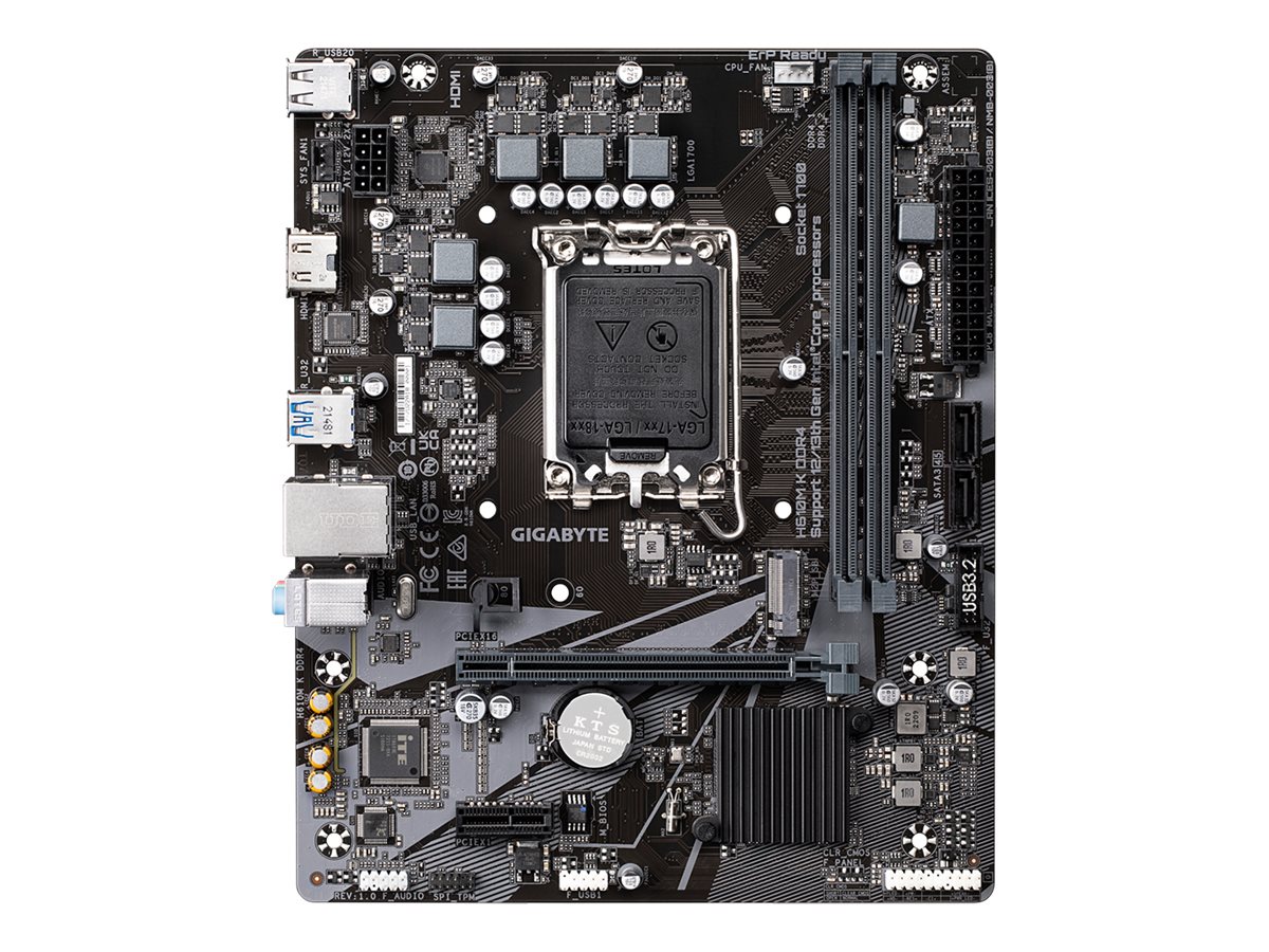 Gigabyte - H610M K DDR4 1.0 M/B - Processor family Intel - Processor socket  LGA1700 - DDR4 DIMM - Memory slots 2 - Supported hard disk drive interfaces 	SATA, M.2 - Number of SATA connectors 2 - Chipset Intel H610 Express - Micro ATX