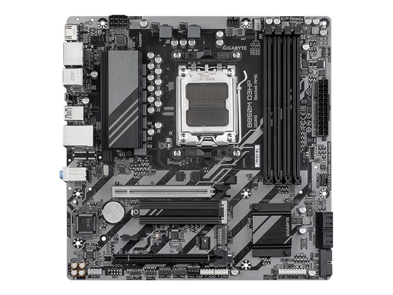 Gigabyte B850M D3HP - Processor family AMD - Processor socket AM5 - DDR5 - Supported hard disk drive interfaces M.2, SATA - Number of SATA connectors 4