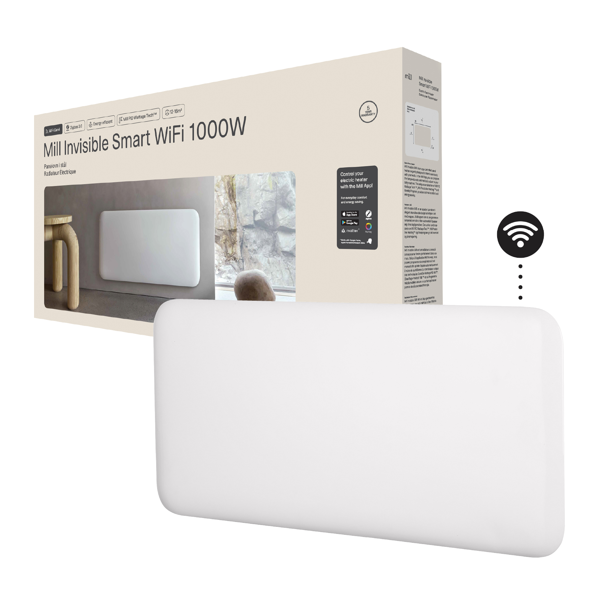 Mill Invisible Smart WiFi Heater - PA1000WIFI4 - Panel Heater - 1000 W - Suitable for rooms up to 12-16 m² - White - IPX4