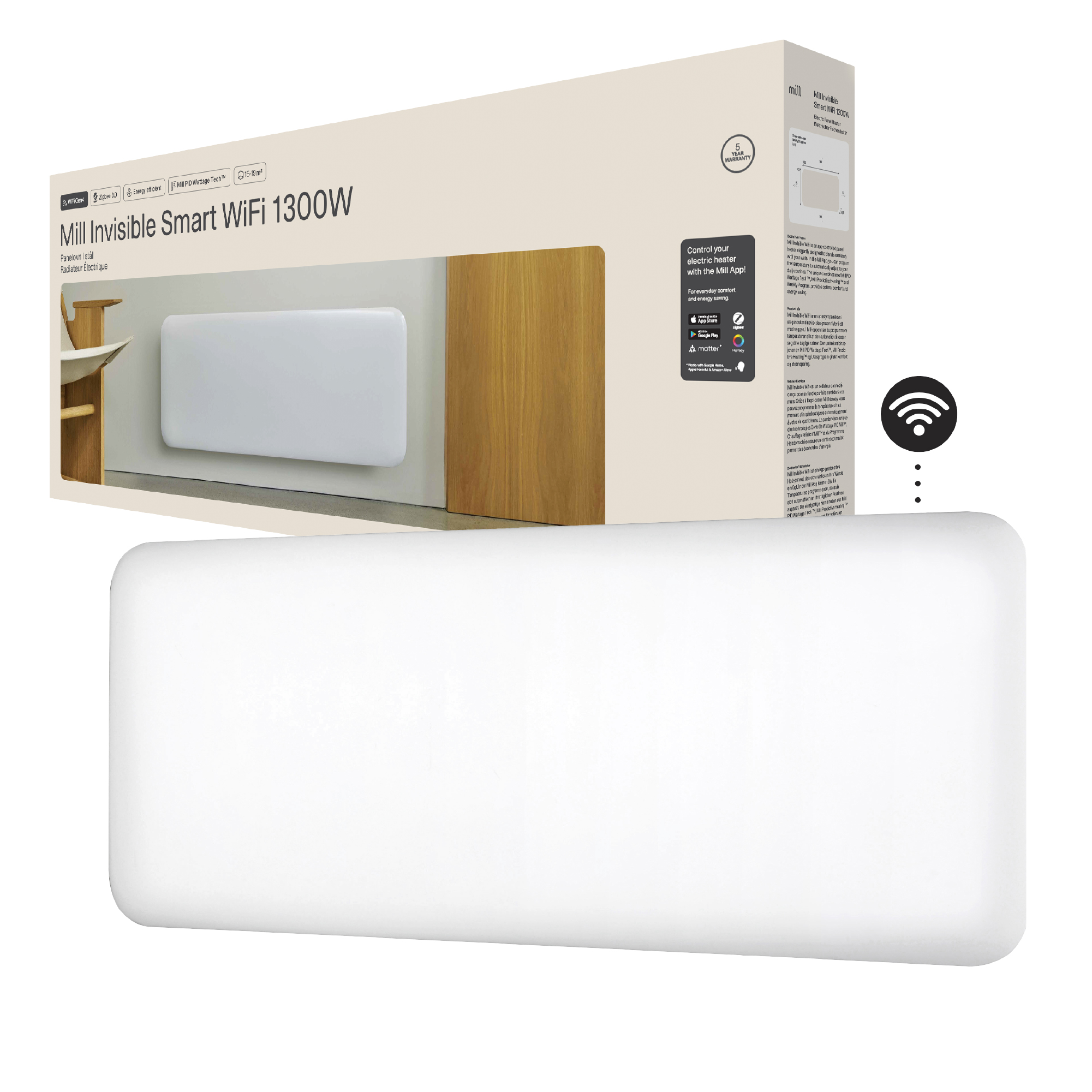 Mill Invisible Smart WiFi Heater - PA1300WIFI4 - Panel Heater - 1300 W - Suitable for rooms up to 15-19 m² - White - IPX4