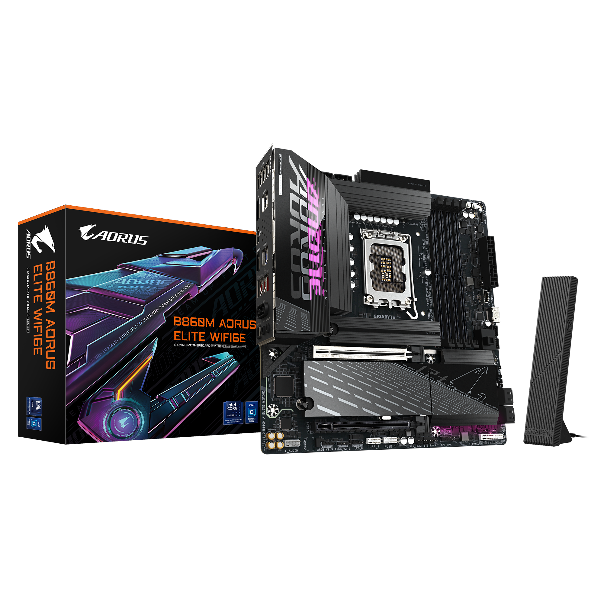 Gigabyte B860M AORUS ELITE WIFI6E - Processor family Intel - Processor socket LGA1851 - DDR5 - Supported hard disk drive interfaces SATA, M.2 - Number of SATA connectors 4