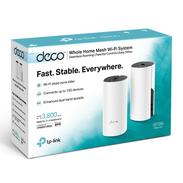 Whole Home Mesh WiFi System - Deco M4 (2-Pack) - 802.11ac - 300+867 Mbit/s - 10/100/1000 Mbit/s - Ethernet LAN (RJ-45) ports 2 - Mesh Support No - MU-MiMO Yes - No mobile broadband - Antenna type 2xInternal - No