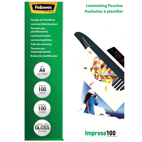 Fellowes - Laminating Pouch - A4 - Clear - Thickness: 100 micron, Qty Per Pack: 100 pcs; Ideal for notices, craft materials, signage and frequently handled documents; Compatible with all laminator brands