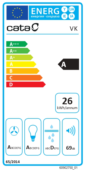 CATA Hood - VK 6000 WH - Wall mounted - Energy efficiency class A - Width 60 cm - 398 m³/h - Push buttons - CSLED - White