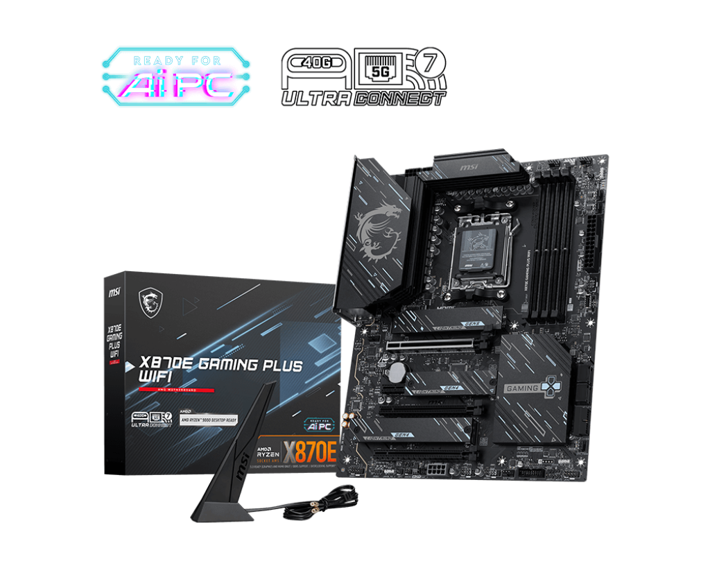 MSI X870E GAMING PLUS WIFI - Processor family AMD - Processor socket AM5 - DDR5 UDIMM - Supported hard disk drive interfaces SATA, M.2 - Number of SATA connectors 4