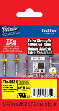 Brother - TZe-S631 Strong Adhesive Laminated Tape - Black on Yellow - TZe - 8 m - 1.2 cm